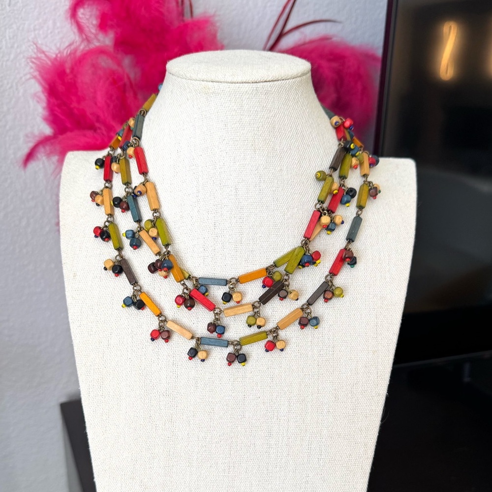 Artisan Multicolor Wood Beaded Necklace - Picture 3 of 9